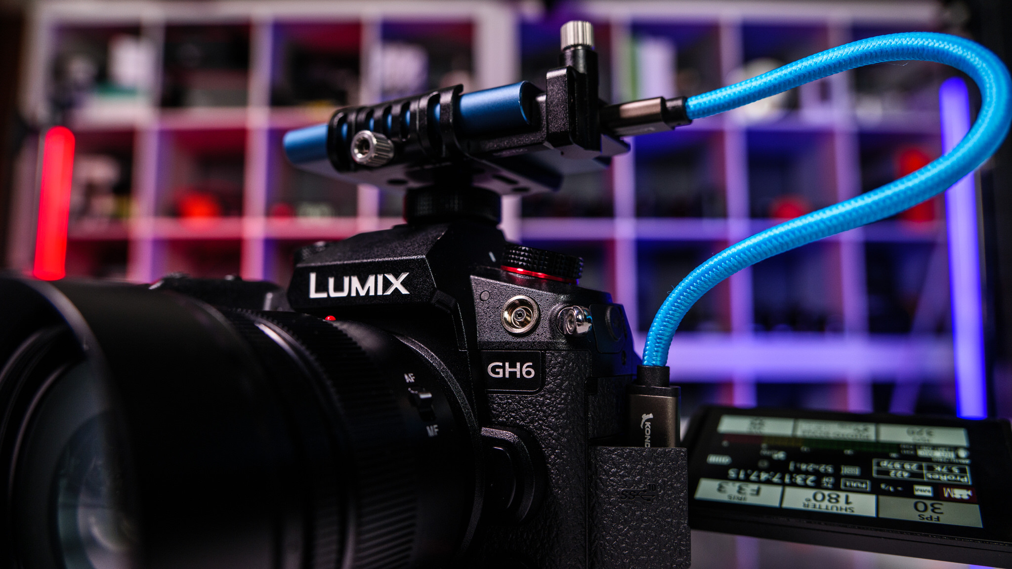 Panasonic LUMIX GH6 running firmware v2.2 with Kondor Blue's Samsung T5 SSD holder and 8.5ʺ USB-C to USB-C cable