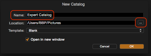 In the New Catalog window, name your catalog and choose a location by clicking the ellipsis