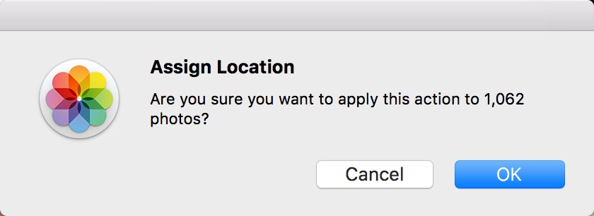 Assign Location: Are you sure you want to apply this action to 1,062 photos?