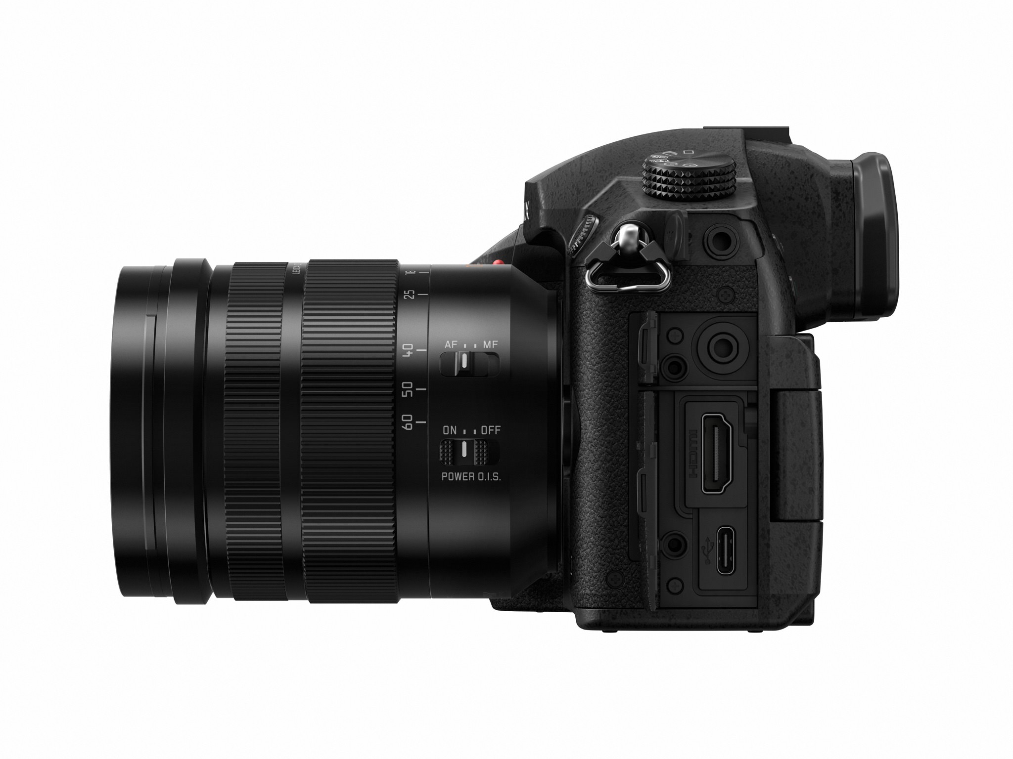 LUMIX GH5 side view showing full-size HDMI and USB-C ports