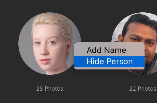 Right-click to hide or add an individual person in People view in Lightroom CC