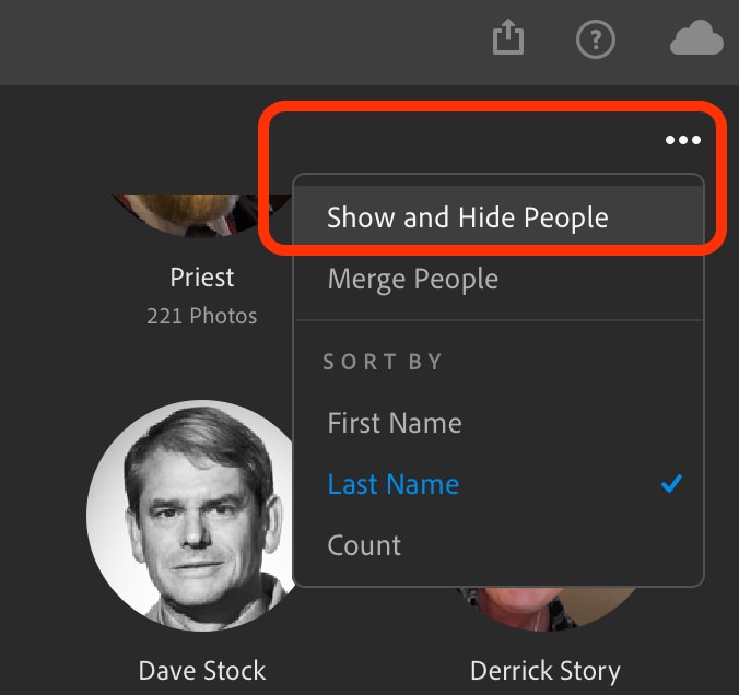 Click the three dots to reveal the "Show and Hide People" view in Lightroom CC