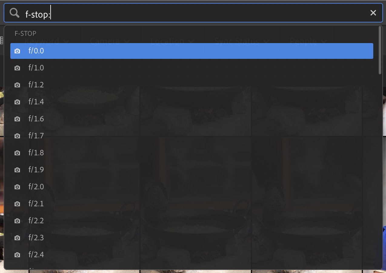 You can search Lightroom CC by f-stop (aperture)…