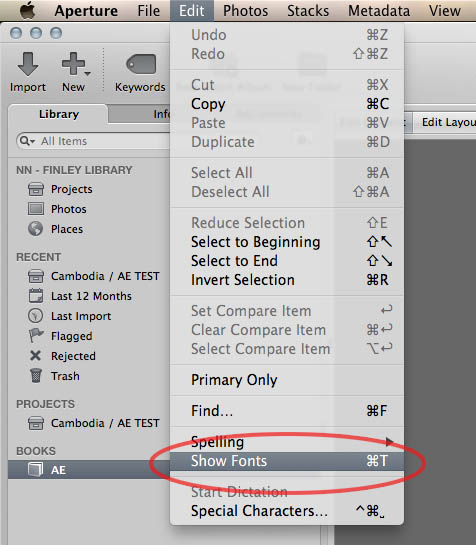 Accessing the fonts window in Aperture 3 to adjust the text of a book